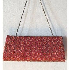 VTG Bougainvillea Red Gold Circle Beaded Chain Handle Evening Clutch Bag Purse